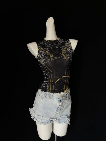 Camiseta de Malla con Estampado | Cuello Alto para Mujer