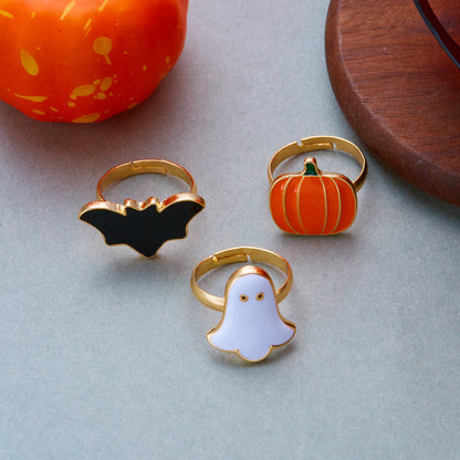 Adjustable Halloween Ring/Earring/Necklace Set with Ghost, Pumpkin, and Bat