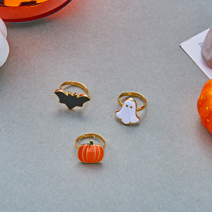 Adjustable Halloween Ring/Earring/Necklace Set with Ghost, Pumpkin, and Bat