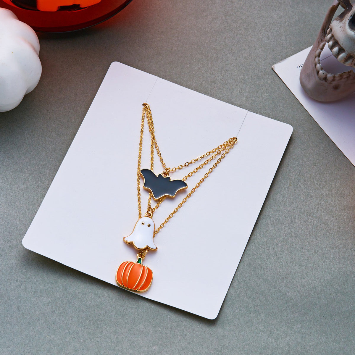 Set de Anillos/Pendientes/Collares Ajustables de Halloween con Fantasma, Calabaza y Murciélago