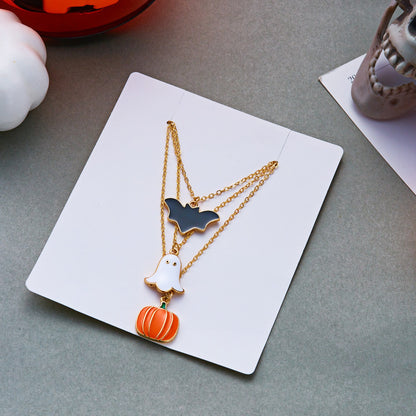 Adjustable Halloween Ring/Earring/Necklace Set with Ghost, Pumpkin, and Bat