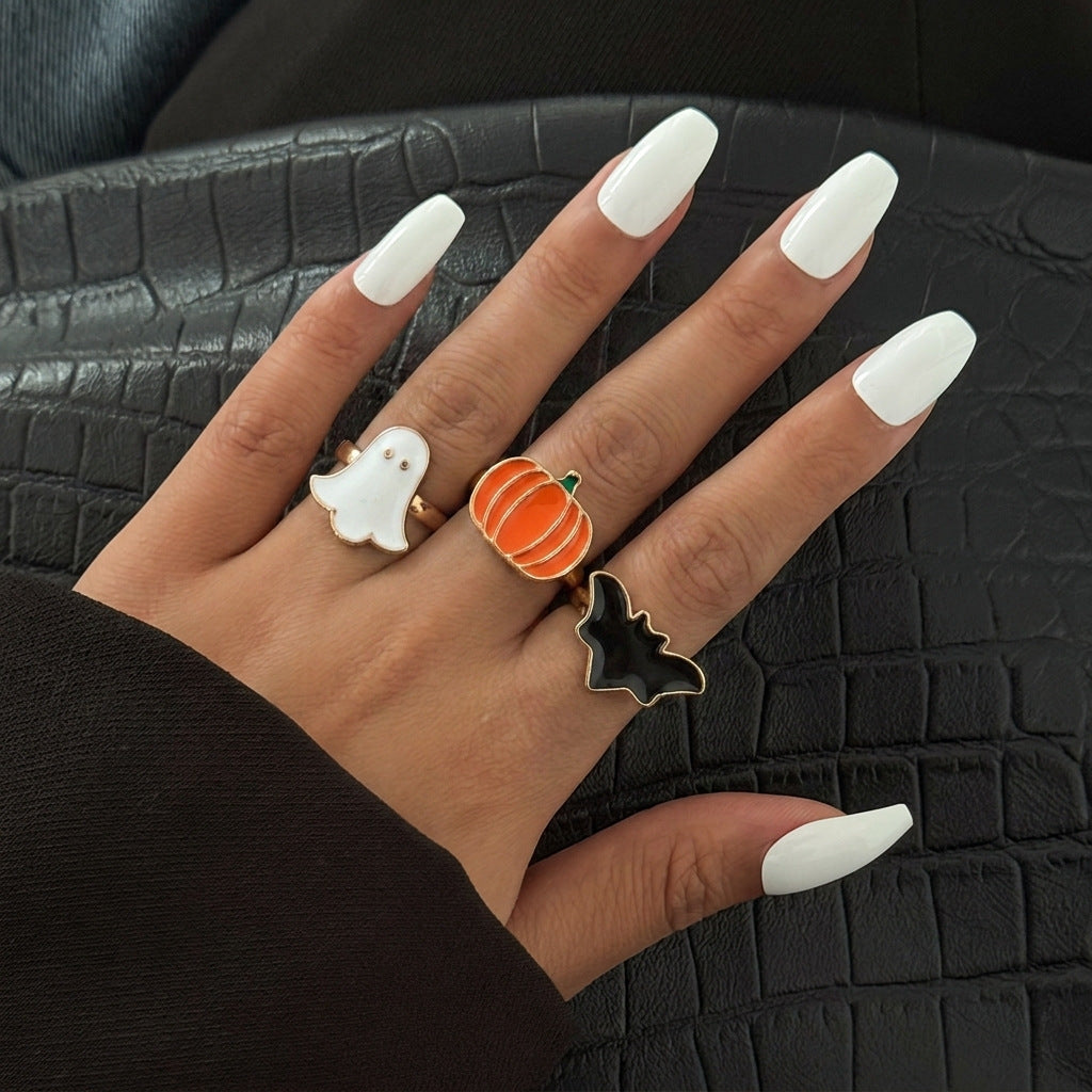 Set de Anillos/Pendientes/Collares Ajustables de Halloween con Fantasma, Calabaza y Murciélago