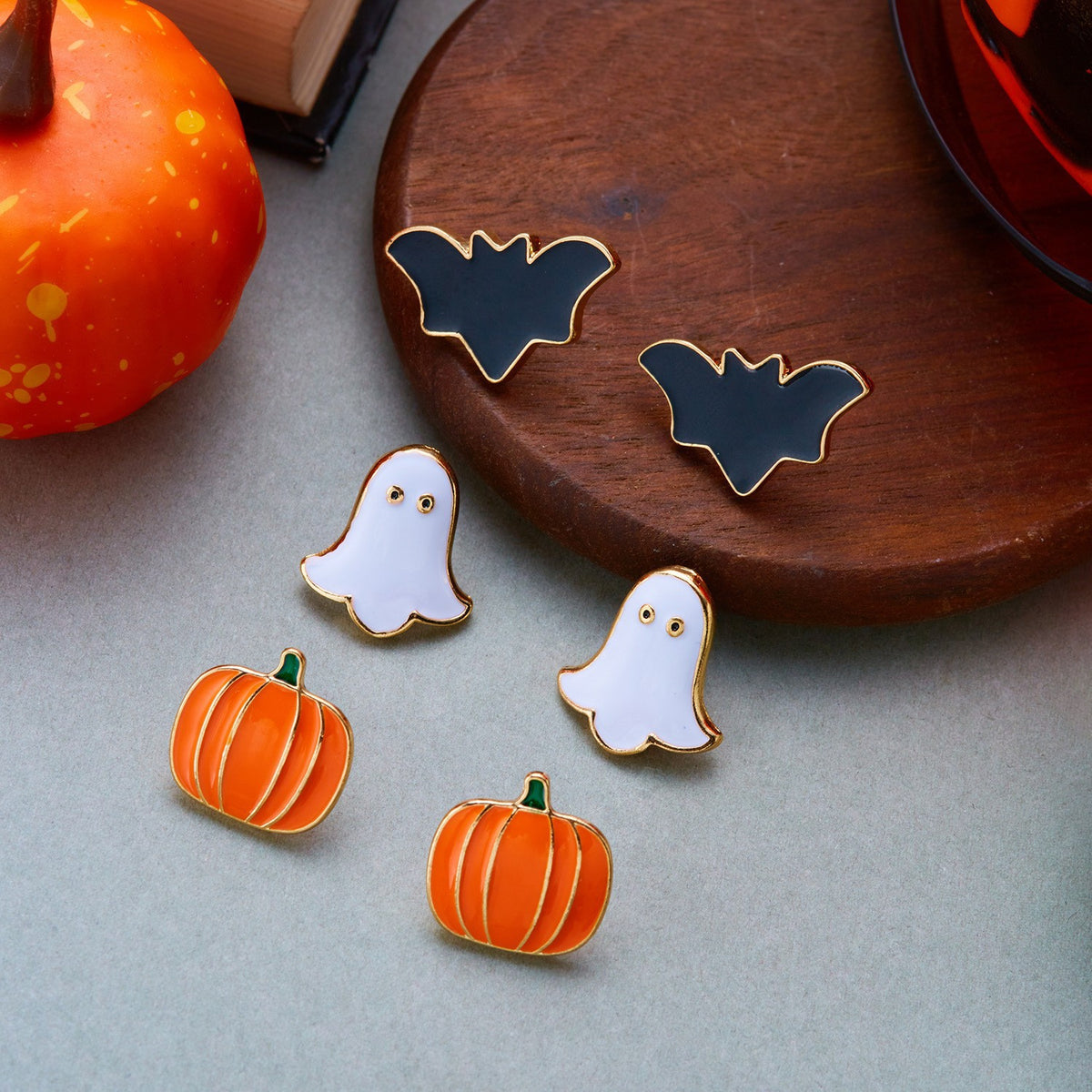 Set de Anillos/Pendientes/Collares Ajustables de Halloween con Fantasma, Calabaza y Murciélago