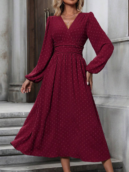 Vestido Largo con Cuello Diagonal y Mangas Farol | Cintura Tableada