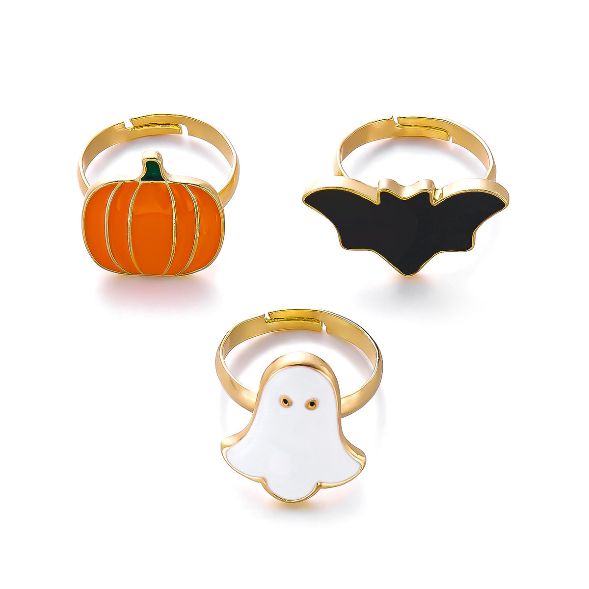 Adjustable Halloween Ring/Earring/Necklace Set with Ghost, Pumpkin, and Bat