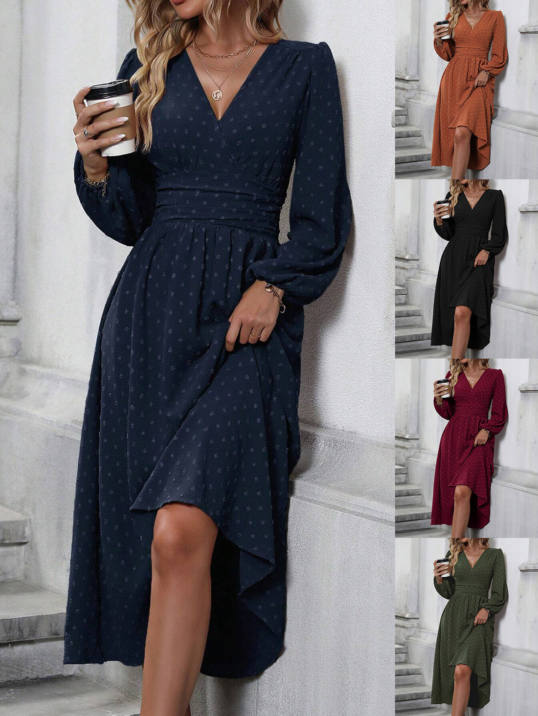 Vestido Largo con Cuello Diagonal y Mangas Farol | Cintura Tableada