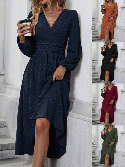 Vestido Largo con Cuello Diagonal y Mangas Farol | Cintura Tableada